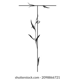 Beautiful letter T with leaves or grass motifs. Floral font. Botanical alphabet. Black silhouette on white background.