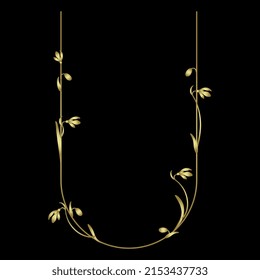 Beautiful letter U with blooming branches of snowdrop flower (Galanthus). Floral font. Artistic alphabet with spring botanical motifs. Golden glossy silhouette on black background.