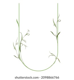 Beautiful letter U with green branches and leaves. Floral font. Artistic alphabet with botanical motifs.
