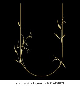 Beautiful letter U with leaves or grass motifs. Floral font. Botanical alphabet. Golden glossy silhouette on black background.
