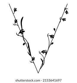 Beautiful letter V with blooming branches of snowdrop flower (Galanthus). Floral font. Artistic alphabet with spring botanical motifs. Black silhouette on white background.