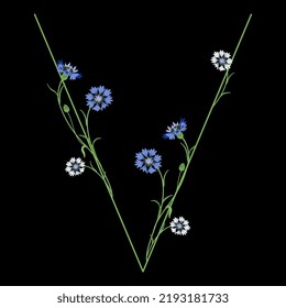 Beautiful letter V with blooming branches of cornflower or knapweed plant (Centaurea). Floral font. Botanical alphabet with blue flowers. On black background.