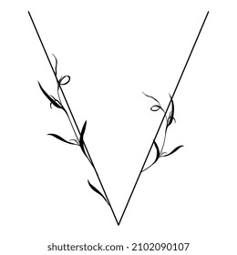Beautiful letter V with leaves or grass motifs. Floral font. Botanical alphabet. Black silhouette on white background.