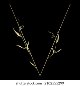 Beautiful letter V with leaves or grass motifs. Floral font. Botanical alphabet. Golden glossy silhouette on black background.