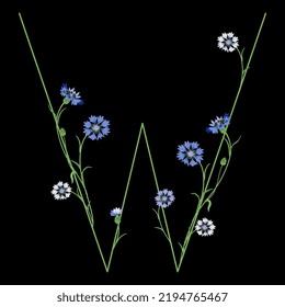 Beautiful letter W with blooming branches of cornflower or knapweed plant (Centaurea). Floral font. Botanical alphabet with blue flowers. On black background.