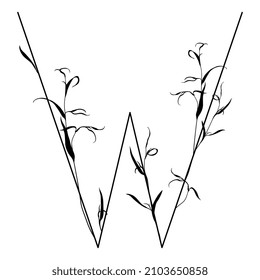 Beautiful letter W with leaves or grass motifs. Floral font. Botanical alphabet. Black silhouette on white background.
