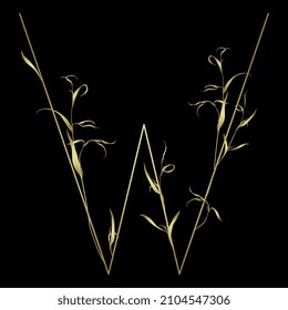 Beautiful letter W with leaves or grass motifs. Floral font. Botanical alphabet. Golden glossy silhouette on black background.
