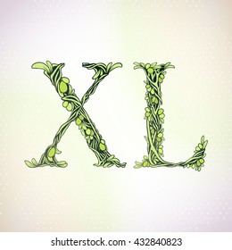 Beautiful letter. Weave olive tree branch with fruits and leaves - Floral alphabet - letters set - vector illustration. Letters X and L