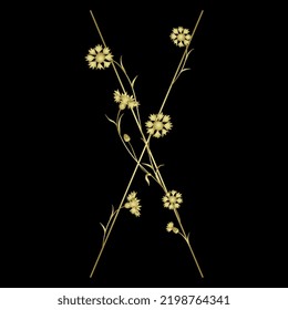 Beautiful letter X with blooming branches of cornflower or knapweed plant (Centaurea). Floral font. Botanical alphabet with blue flowers. Golden glossy silhouette on black background.