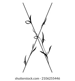 Beautiful letter X with leaves or grass motifs. Floral font. Botanical alphabet. Black silhouette on white background.
