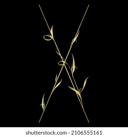 Beautiful letter X with leaves or grass motifs. Floral font. Botanical alphabet. Golden glossy silhouette on black background.