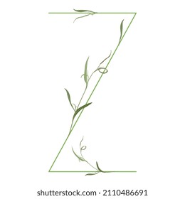 Beautiful letter Z with green branches and leaves. Floral font. Artistic alphabet with botanical motifs.