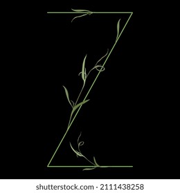 Beautiful letter Z with green branches and leaves. Floral font. Artistic alphabet with botanical motifs. On black background.