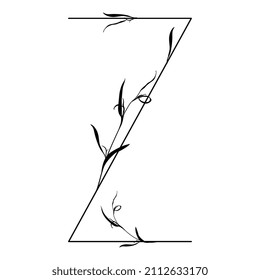 Beautiful letter Z with leaves or grass motifs. Floral font. Botanical alphabet. Black silhouette on white background.