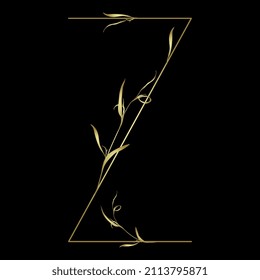 Beautiful letter Z with leaves or grass motifs. Floral font. Botanical alphabet. Golden glossy silhouette on black background.