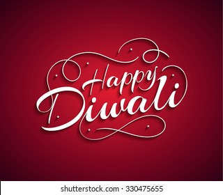 Beautiful lettering calligraphic white text. Calligraphy inscription Happy Diwali festival India on a red background. Vector illustration EPS 10