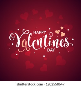 Beautiful lettering calligraphy white text with shadow. Calligraphy inscription Happy Valentine's Day hearts boke blurred on a red pink background. Vector illustration