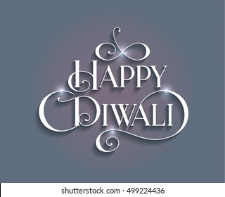 Beautiful lettering calligraphy white text with a shadow. Calligraphy inscription Happy Diwali festival India design invitation blue background. Vector illustration EPS 10