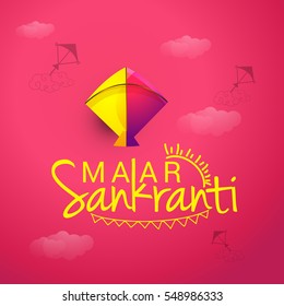 Beautiful lettering design with colorful kite for Makar Sankranti celebration background.