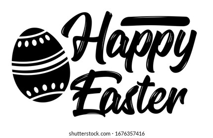 Beautiful lettering Happy Easter in black with a black Easter egg on a white background. Vector graphics