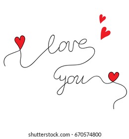 Beautiful lettering I love you with little red hearts. Quote for Valentines day and other love design. Love sign with I love you text and hearts.