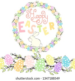 Beautiful lettering phrase Happy Easter with endless horizontal brush. Wreath made of eggs and willow.