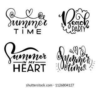 Beautiful lettering. Summer inscription. The inscription is by hand in black. Design for postcards, banners, posters, T-shirts. Summer time, summer in the heart, Beach time.