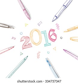 Beautiful letters. 2016 New Year in frame of pens.Hand drawn Vector illustration