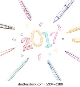 Beautiful letters. 2017 New Year in frame of pens.Hand drawn Vector illustration.