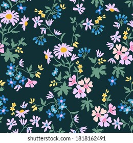 Beautiful liberty print on dark background. Seamless vector pattern in repeat. Vintage print with small inflorescences. Retro textile collection.