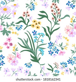 Beautiful liberty print on white background. Seamless vector pattern in repeat. Vintage print with small inflorescences. Retro textile collection.