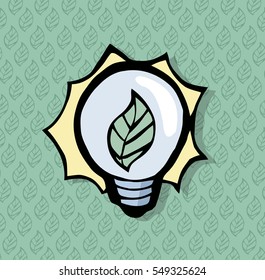 Beautiful lighbulb icon with a leaf in it. With a leaf pattern on the background.