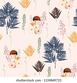 Beautiful light Autumn seamless pattern vector with mushrooms, berries, fern, herbs and leaves.  Fall colorful floral background. patter for fashion, fabric and all prints on a yellow background.
