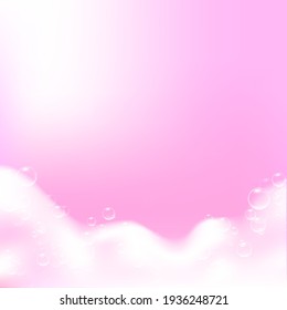 Beautiful light background with Bath pink foam and empty place for your text. Sparkling pink shampoo and bath lather. Shampoo bubbles texture. Vector realistic illustration.