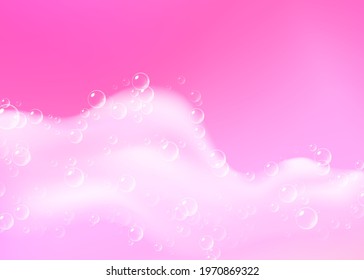 Beautiful light background with Bath pink foam and empty place for your text. Shampoo bubbles texture. Sparkling pink shampoo and bath lather. Vector realistic illustration.