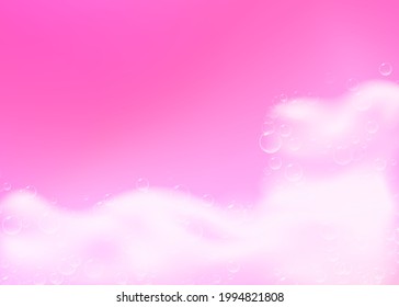 Bonito fondo claro con espuma rosa Bath. La textura de burbujas de champú. Champú rosa resplandeciente y bañera. Ilustración vectorial realista.
