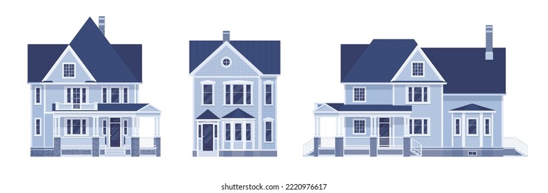 Beautiful light blue house cartoon set. Mansion erker element, housing industry, neighborhood residence, home hunting, new building purchase, renting, owning residence. Vector flat style illustration