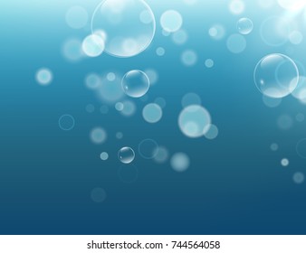A beautiful light blue shiny background with water bubbles and bokeh. Blue water, deep sea, ocaen background template for design and print. Vector illustration, eps10.