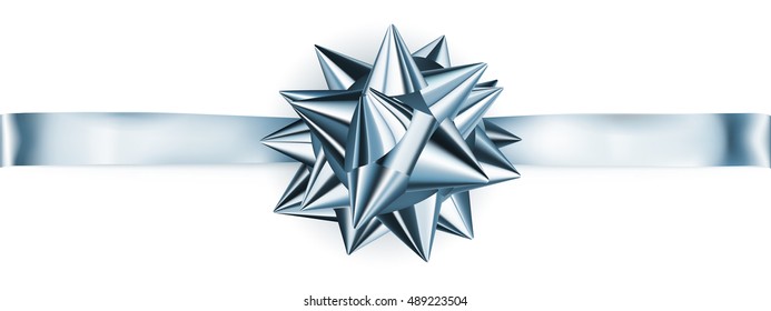 Beautiful light blue shiny bow with horizontal ribbon with shadow