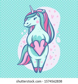 Beautiful light blue unicorn with a heart in his hands and open eyes. A cute unicorn with yellow and pink mane looks away. Children's poster. Unicorn girl in love
