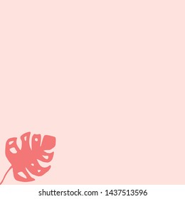 Beautiful light coral background with coral monstera leaf. Color of the year. Trend concept. Vector illustration