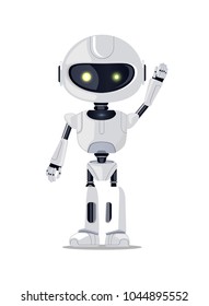 Beautiful light cyborg with yellow glossy eyes banner vector illustration with pretty white robot stands with raised hand isolated on white background