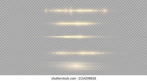 beautiful light flare, glow yellow line on transparent background, laser beams, bright gold glare, horizontal light rays, flash yellow horizontal lens flares pack, vector illustration, eps 10. 