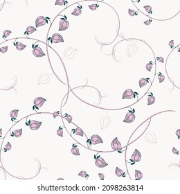Hermoso, vector floral claro sin fisuras. Textura abstracta con ramas delicadas dispersas en un tono lila sobre un fondo blanco. Decoración de repetición moderna, tapicería, tejidos