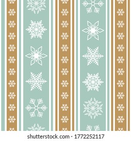 beautiful light green and gold vertical Christmas background with cute pattern of different snowflakes on stripes