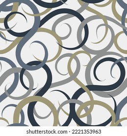 Beautiful light ribbon seamless pattern. Gray, mustard, black twisted ribbons randomly overlap on a light background. Vector.
