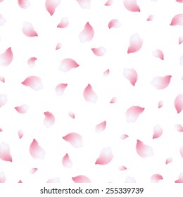 Beautiful light spring background seamless pattern with pink flying petals of sakura - japanese cherry tree. Floral romantic white wallpaper. Vector illustration