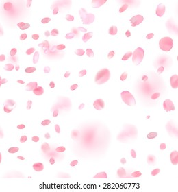 Beautiful light spring background seamless pattern with pink flying petals of sakura - Japanese cherry tree. Floral romantic white wallpaper. Vector illustration