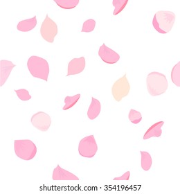 Beautiful light spring background seamless pattern with pink flying petals of sakura - Japanese cherry tree. Floral romantic white wallpaper. Vector