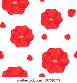 Beautiful light spring background seamless pattern with pink flying petals of rose. Floral romantic white wallpaper. Vector illustration